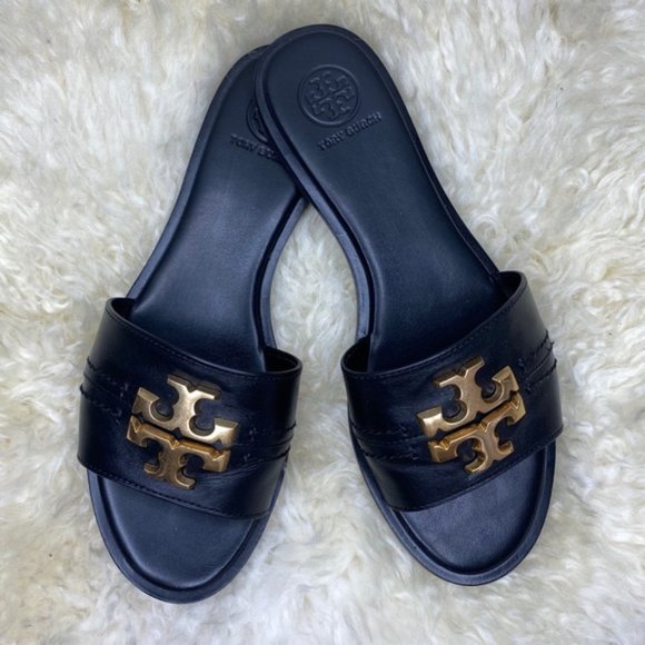 Tory Burch Everly Black Leather Slide Sandals 6 - Picture 2 of 8